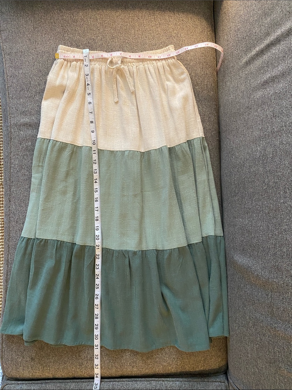 Cream & Sage Tiered Maxi Skirt w/Side Pockets Linen/Cotton Blend Size S - Picture 6 of 8